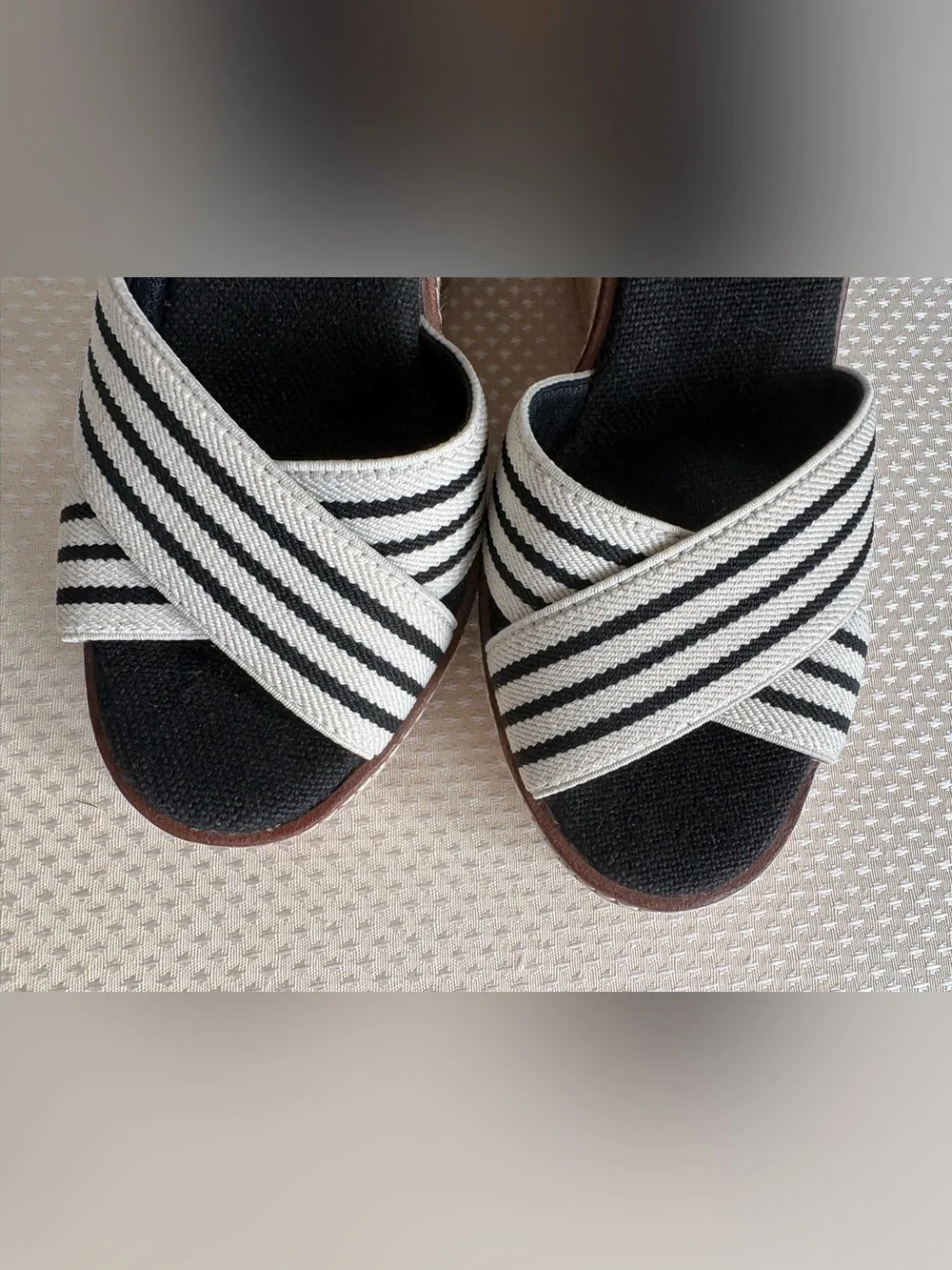 Tory Burch Frieda Black and White Striped Espadrille Wedge Sandals
